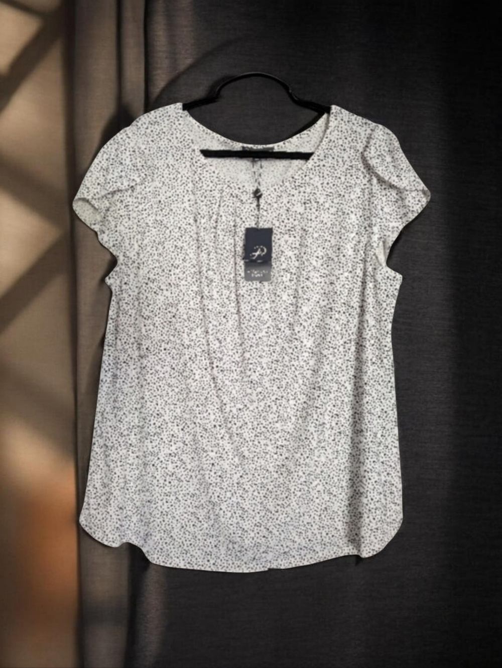 Adrianna Papell White Blouse with Black Micro Dot Print